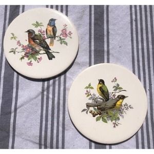 Rare Set of 2 H & R Johnson Round Tile Trivets from England w Birds Flowers Tree